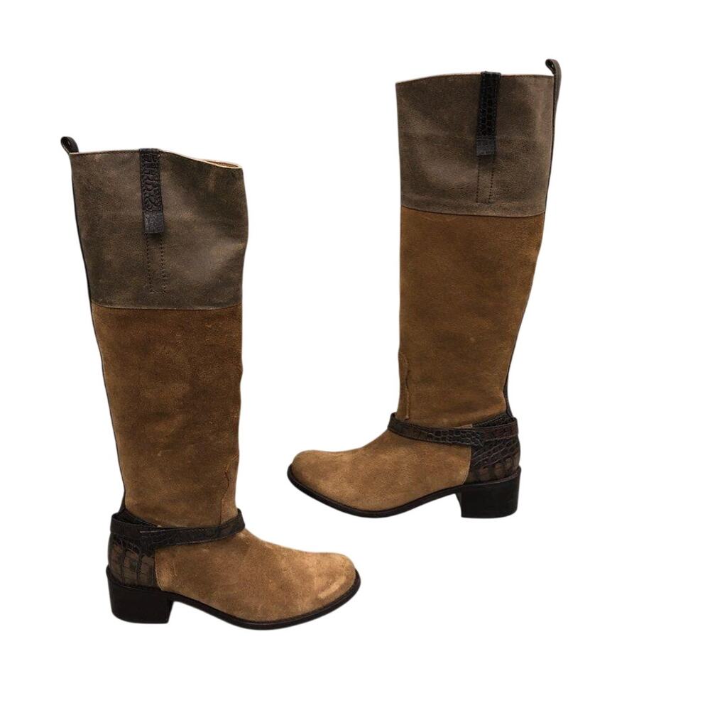 Matisse Nola Tall Suede Riding Boots 6.5 Taupe Brown Leather Croc Trim Knee High
